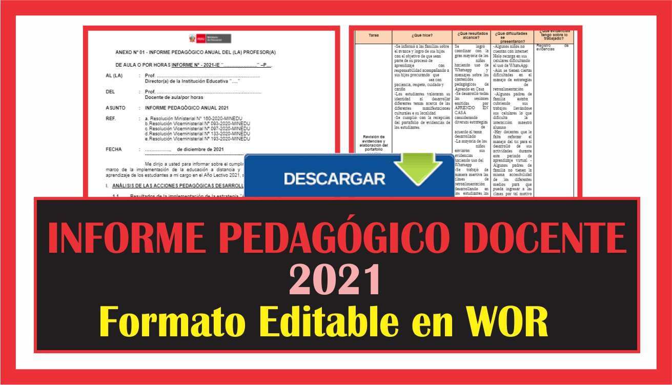 Formato de INFORME PEDAGÓGICO DOCENTE 2021 editable (Descarga aquí)(Word)