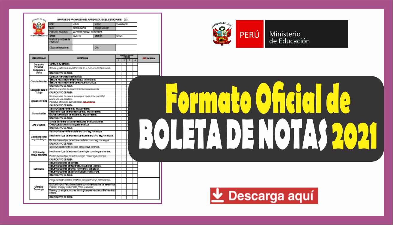 MINEDU Formato Oficial de BOLETA DE NOTAS 2021 (Descárgalo aquí) (Word)